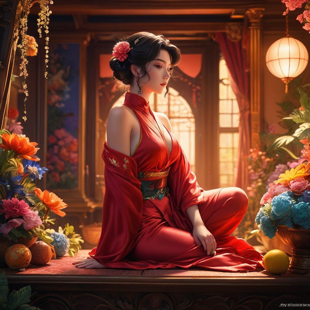 A captivating scene featuring an eclectic collection of anime-inspired characters in a vibrant adult setting. Showcase playful and sensual poses, with an emphasis on rich, colorful details and dynamic poses that embody erotic animation. Include elements like whimsical backgrounds and fantasy-themed props to enhance the allure of the characters. Ensure a balance of bold colors and soft lighting for an inviting atmosphere. anime style. vibrant colors. fantasy theme.